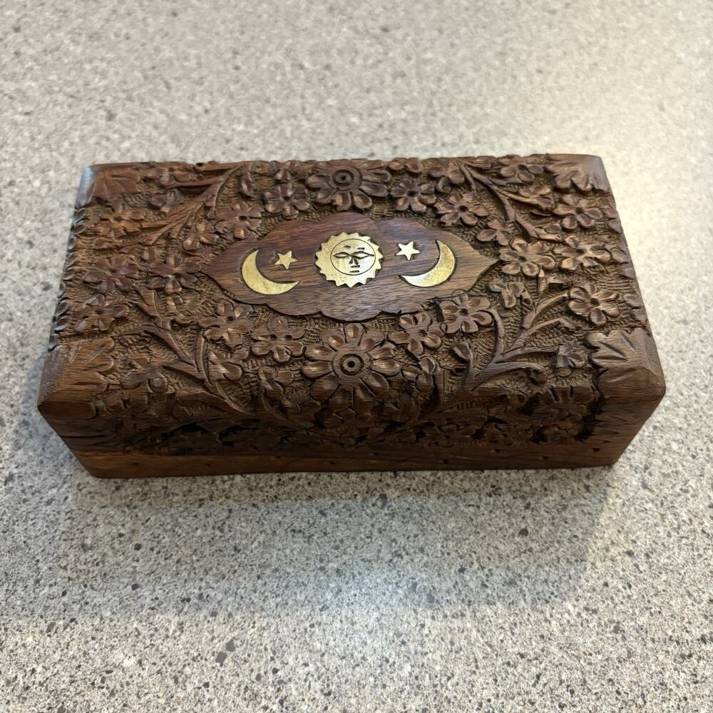 Vtg Boho Celestial Stars Sun Moon Brass Inlay Wooden Trinket Box Velvet Lined